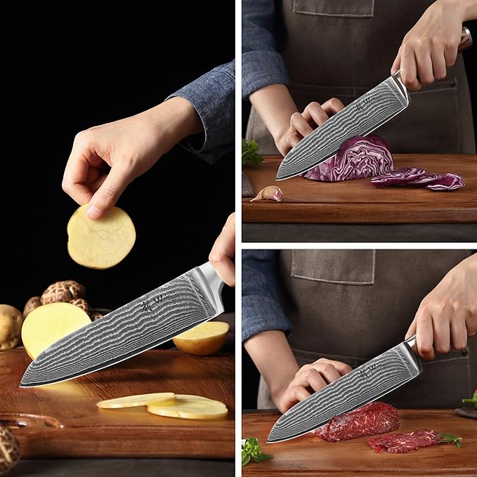 Wakoli EDIB 3-Piece Damascus Kitchen Knife Set in Wooden Gift Box – Sharp Knives Set made of Genuine Damascus Steel (VG10 Core) – Santoku, Small Santoku & Paring Knife – Ergonomic Pakkawood Handles Wakoli