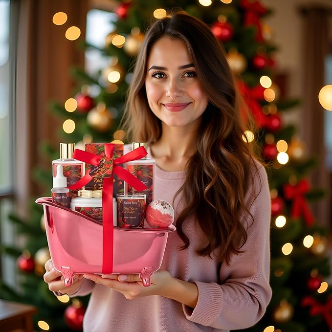Christmas Gifts for Women, spa kit Gifts for Her Mother's Day Bath Spa Gift Set Red Rose & Tulip Spa Basket Kits for Women, Contains Body Oil, Body Lotion, Salt, self care baskets Mother's Day Gift SaintRoy