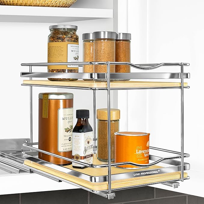 LYNK PROFESSIONAL® Élite™ Pull Out Spice Rack Organizer for Inside Kitchen Cabinets - 8-3/8 inch Wide - Slide Out Drawer – Wood/Chrome Sliding Spice Cabinet Organization Shelf Racks - 2 Tier LYNKPROFESSIONAL