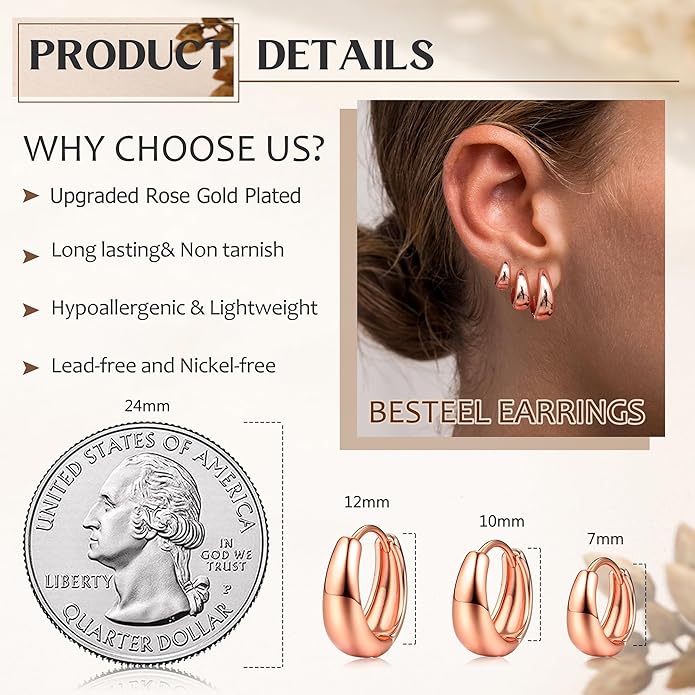 BESTEEL 3Pairs 14K Gold Plated Hoop Earrings Set for Women Chunky Earring Silver Plated Hypoallergenic Small Huggie Hoops Lightweight Tiny Thick Trendy Hoop Earrings Stacks for Multiple Piercing BESTEEL
