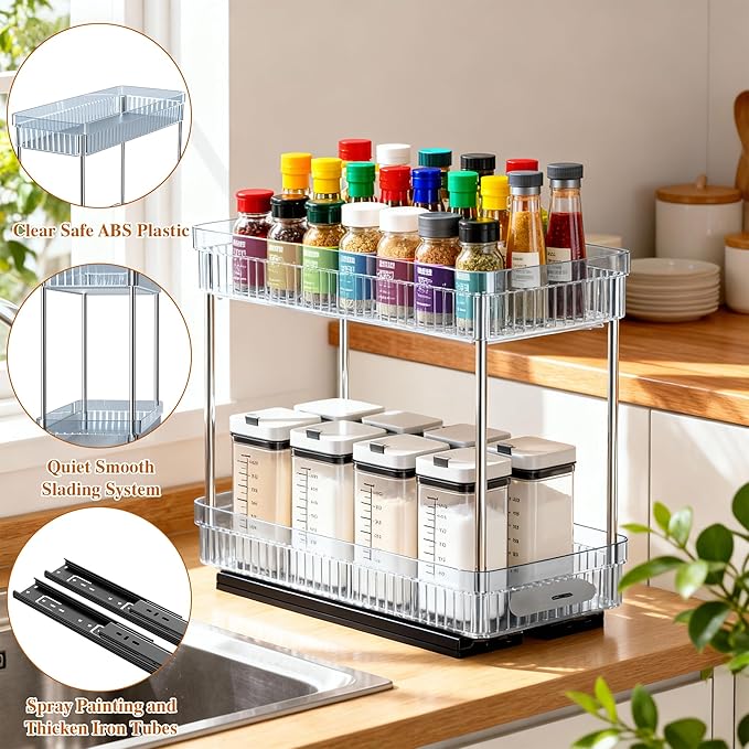 3 Pack Pull Out Spice Rack Organizer for Cabinet, 2 Tier Slide Out Spice Racks Organizer, Spice Cabinet Organizers, Cabinet Size Need:12'' High x 11'' Deep x 5'' Wide, Clear Acrylic DABIGE