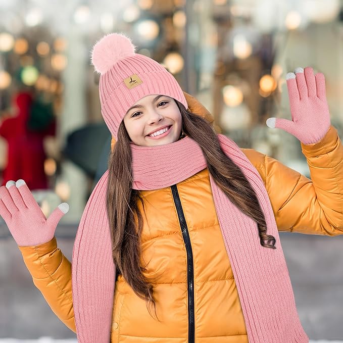 LOROME Women Winter Beanie Hat Scarf Gloves Set, Fleece Knitted Pompom Hat Warm Neck Scarf Touchscreen Gloves Winter Gift LOROME