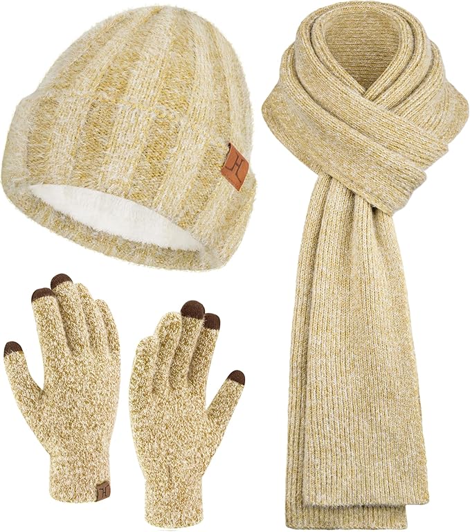 Womens Winter Warm Knit Beanie Hat Touchscreen Gloves Long Neck Scarf Set with Fleece Lined Skull Caps Gifts for Women FZFANTASTICZONE