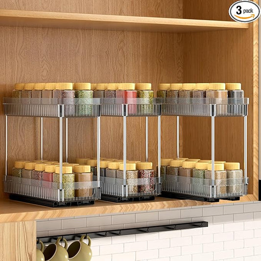3 Pack Pull Out Spice Rack Organizer for Cabinet, 2 Tier Slide Out Spice Racks Organizer, Spice Cabinet Organizers, Cabinet Size Need:12'' High x 11'' Deep x 5'' Wide, Clear Acrylic DABIGE