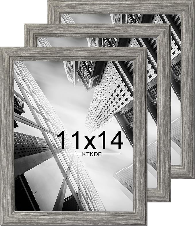 KTKDE 11x14 Picture Frame Set of 3,Grey Wooded Shatter Resistant Glass, Vertical & Horizontal Wall Hanging for Wall Display,Studio Gallery Photo Frame for Photos, Posters & Art Prints KTKDE