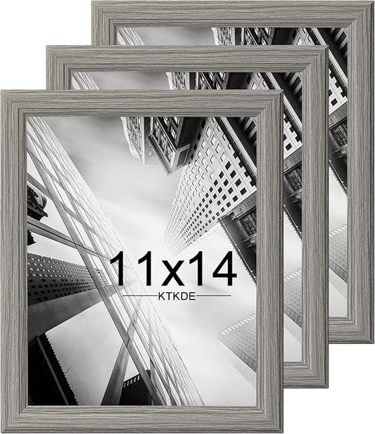 KTKDE 11x14 Picture Frame Set of 3,Grey Wooded Shatter Resistant Glass, Vertical & Horizontal Wall Hanging for Wall Display,Studio Gallery Photo Frame for Photos, Posters & Art Prints KTKDE