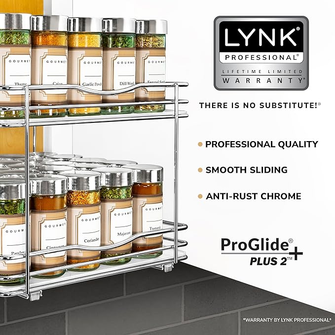 LYNK PROFESSIONAL® Pull Out Spice Rack Organizer for Inside Kitchen Cabinets - 10-3/8 inch Wide - Slide Out Drawer – Chrome Sliding Spice Cabinet Organization Shelf Racks - 2 Tier LYNKPROFESSIONAL