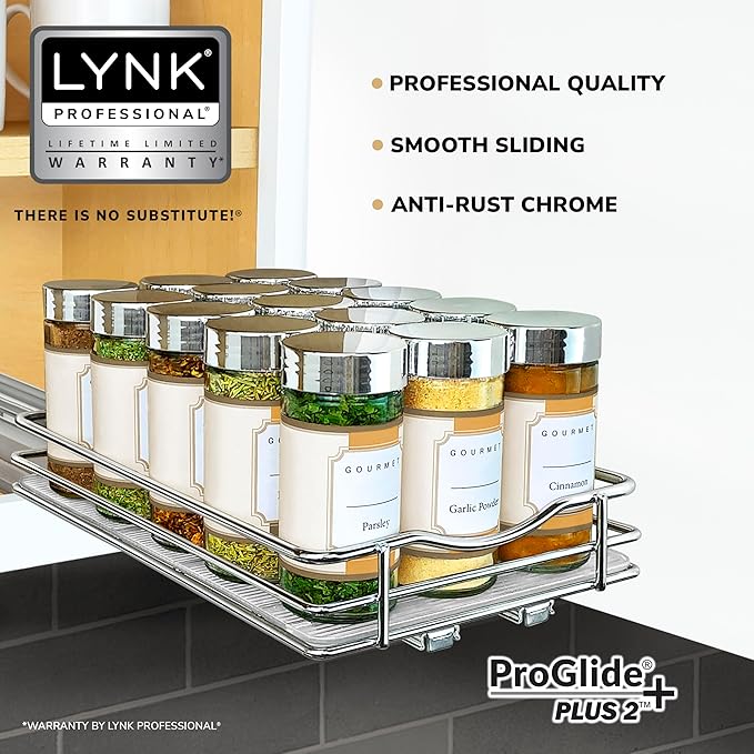 LYNK PROFESSIONAL® Pull Out Spice Rack Organizer for Inside Kitchen Cabinets - 6-3/8 inch Wide - Slide Out Drawer – Chrome Sliding Spice Cabinet Organization Shelf Racks - 1 Tier LYNKPROFESSIONAL