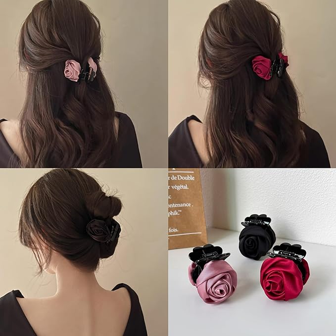 Rose Hair Clip,1.61 Inch Small Flower Hair Claw Clip,Satin Rose Elegant Hair Flowers Claw Clip Floral Wedding Hair Accessories Birthday Thanksgiving Gift for Women Girls (Pink Red Black) Agirlvct