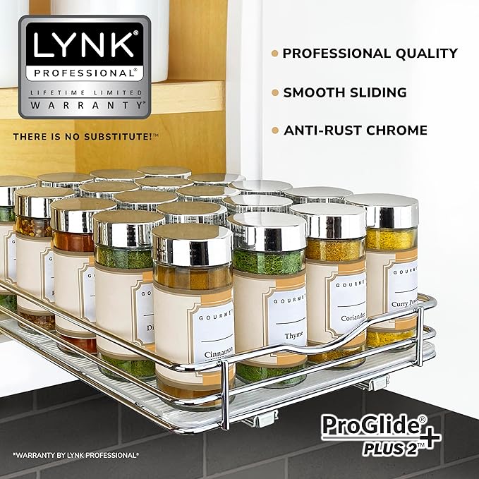 LYNK PROFESSIONAL® Pull Out Spice Rack Organizer for Inside Kitchen Cabinets - 8-3/8 inch Wide - Slide Out Drawer – Chrome Sliding Spice Cabinet Organization Shelf Racks - 1 Tier LYNKPROFESSIONAL