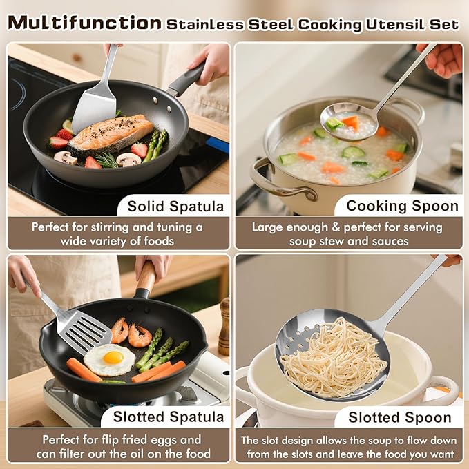 4 Pcs Cooking Utensils Set, Stainless Steel Kitchen Utensils, Heat Resistant Metal Kitchen Tools Include Solid & Slotted Turner Wok Spatula, Serving Spoon, Ergonomic Handle, Easy to Clean, Silver Kick Boosters