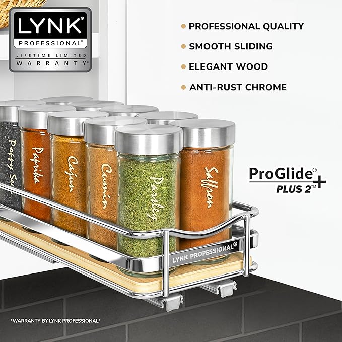 LYNK PROFESSIONAL® Élite™ Pull Out Spice Rack Organizer for Inside Kitchen Cabinets - 4-3/8 inch Wide - Slide Out Drawer – Wood/Chrome Sliding Spice Cabinet Organization Shelf Racks - 1 Tier LYNKPROFESSIONAL