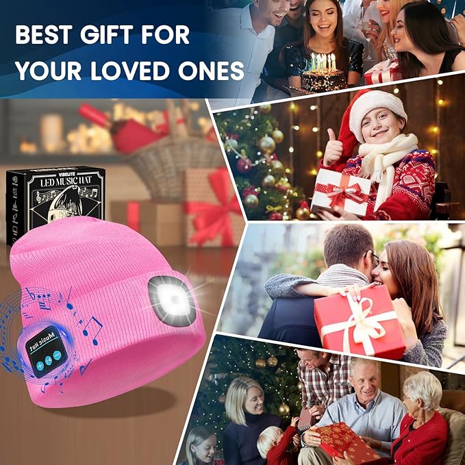 VIBELITE Bluetooth Beanie Hat with Light, USB Rechargeable LED Headlamp with Wireless Headphones, Christmas Gifts Stocking Stuffers for Men, Teen Boys, Him, Husband, Boyfriend, Pink VIBELITE