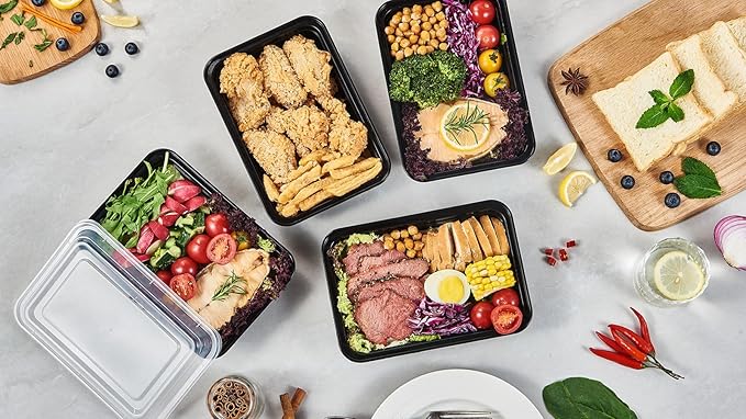 FULING 150 Pack Meal Prep Plastic Food Storage Containers With Lids 28 oz 1 Compartment Black Rectangular Reusable To Go Lunch Prepping Boxes BPA-Free Microwavable Freezer Dishwasher Safe Stackable FULING