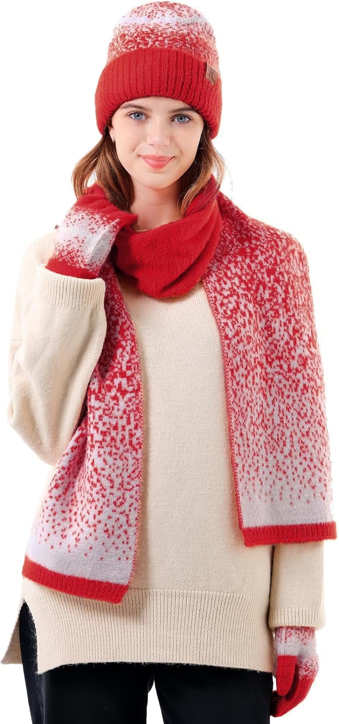 Womens Winter Knit Beanie Hats and Touchscreen Gloves Long Scarf Set with Warm Fleece Lined Skull Caps Scarves for Women FZFANTASTICZONE