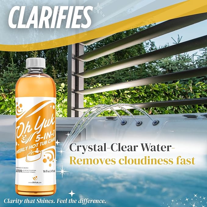 Oh Yuk 5-in-1 Weekly Hot Tub Care – All-in-One Spa Cleaner, Clarifier, Conditioner – Helps Control pH Balance & Combats Buildup – Hot Tub Chemicals for All Types Including Inflatable & Portable –16oz OhYuk
