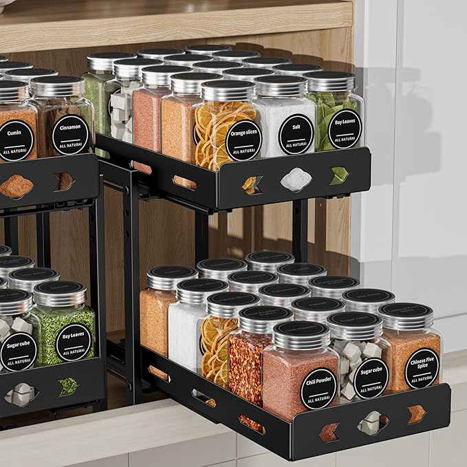 Pull Out Spice Racks for Inside Cabinets, 2-Tier Cabinet Spice Rack Organizer, Height Adjustable Vertical Spice Rack for Kitchen Cabinet (7.5''Wx10.8''Dx9.2''H, Metal Black) BOIVSHI