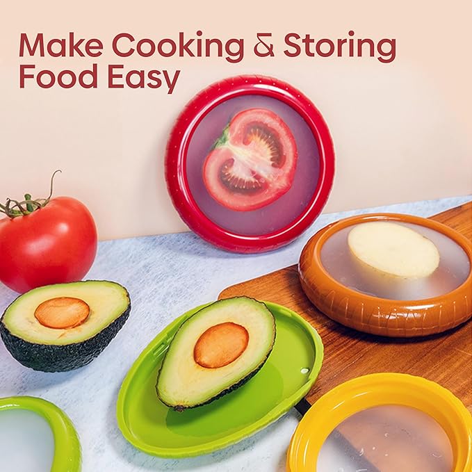 Set of 4 Food Popz Storage Containers | Fruit and Vegetable Anti-Oxidation Storage Box for Avocado, Onion, Lemon & Tomato | Fresh Pod Reusable Fruit Antioxidant Storage for Fridge | BPA-Free Box Doublewave