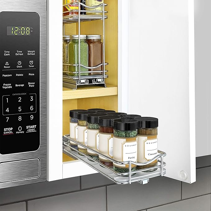 LYNK PROFESSIONAL® Pull Out Spice Rack Organizer for Inside Kitchen Cabinets - 4-3/8 inch Wide - Slide Out Drawer – Chrome Sliding Spice Cabinet Organization Shelf Racks - 1 Tier LYNKPROFESSIONAL
