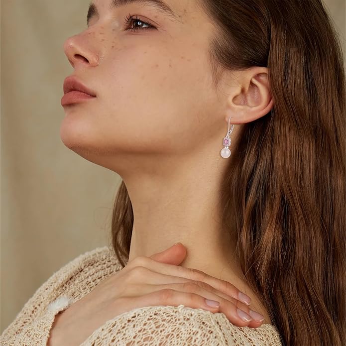 Pearl Drop Earrings Dangling 925 Sterling Silver Emerald Cut Leverback Earrings Birthstone Jewelry for Women INPASNE