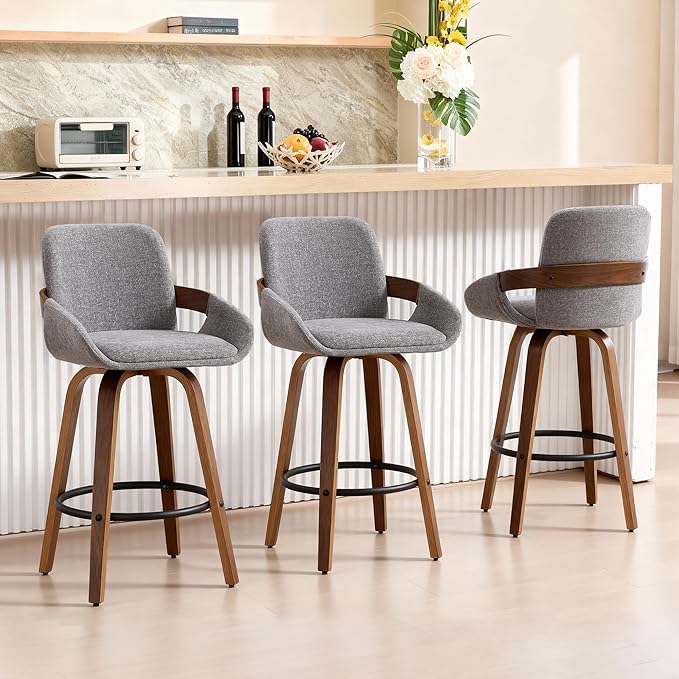 Swivel Bar Stool Set of 3, Fabric Counter High Stools with Back and Armrest 360° Swivel Walnut Bar Chair for Kitchen Island Home Dining - Light Grey VipDesk