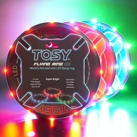 TOSY Flying Ring - 16 Million Color RGB or 12 LEDs, Super Bright, Lost Mode, Auto Light Up, Safe & Soft, Waterproof, Lightweight Frisbee, Birthday, Camping & Outdoor/Indoor Gift Toy for Boy/Girl/Kid TOSY