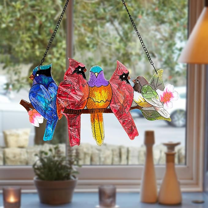 Stained Glass Window Hanging - Large Stained Glass Birds on Branch, Birds Sun Catchers Indoor Window with Chain and Hook Gifts for Bird Lover, Mom, Grandma, Stocking Stuffers for Women DASTOLL