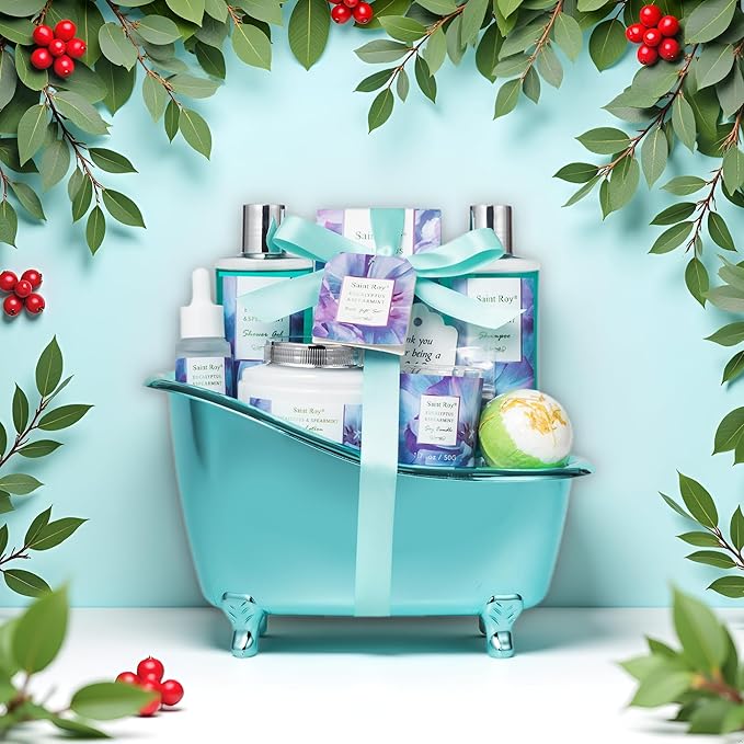 Bath and Body Basket Set Luxury EUCALYPTUS & Mint Spa Gift Basket for Women, Unique Bath Gift Baskets Gifts, Home Spa Kit Christmas Gifts for Women, birthday gift baskets for Dad Mother's Day SaintRoy