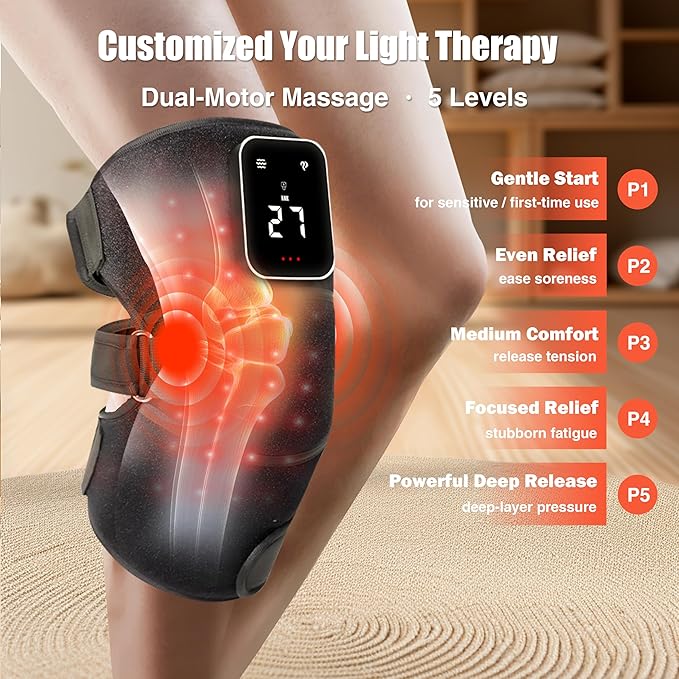 Red Light Therapy Vibration Knee Massager, Vibration & Heat - 5 Massage Zones, 660nm & 850nm Wavelengths, Rechargeable Heating Pad Knee Wrap, Gift for Men and Women Syluris
