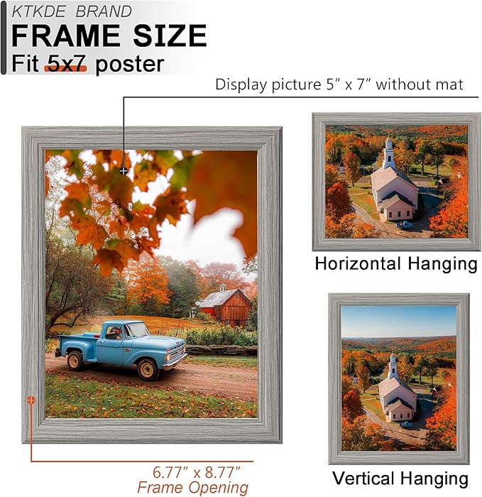 KTKDE 5x7 Picture Frame Set of 5,Grey Wooded Shatter Resistant Glass, Vertical & Horizontal Wall Hanging for Wall or Tapletop Display,Studio Gallery Photo Frame for Photos, Posters & Art Prints KTKDE