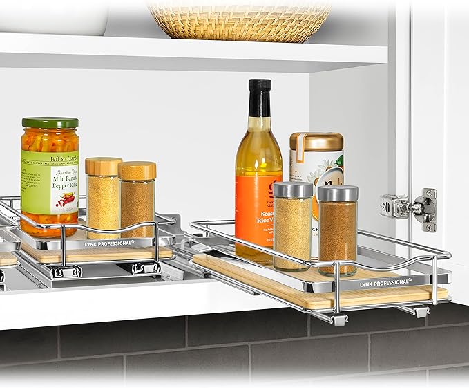 LYNK PROFESSIONAL® Élite™ Pull Out Spice Rack Organizer for Inside Kitchen Cabinets - 6-3/8 inch Wide - Slide Out Drawer – Wood/Chrome Sliding Spice Cabinet Organization Shelf Racks - 1 Tier LYNKPROFESSIONAL