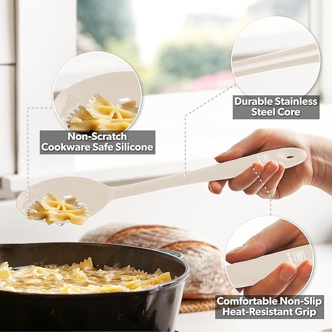 DI ORO Silicone Spoons for Cooking - Large Kitchen Spoons for Mixing, Serving, & Stirring - 600°F Heat-Resistant Non Stick Utensils – Big Solid & Slotted Basting Spoons - Dishwasher Safe (2pc, Clay) DIORO