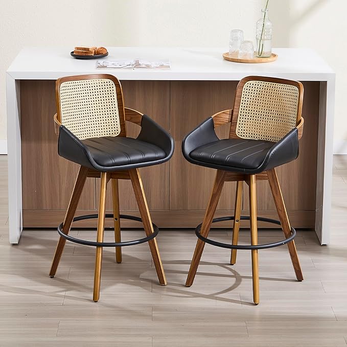Bar Stools Set of 2, 26" Faux Leather Modern Swivel Barstools with Rattan Back, Counter Height Boho Bar Chairs for Kitchen Island or Home Bar - Black VipDesk