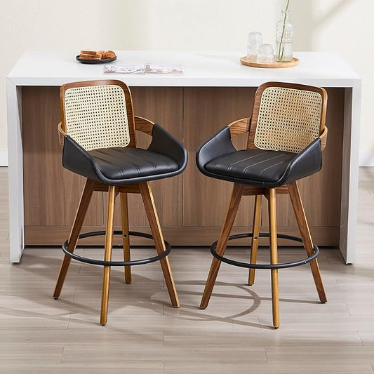 Bar Stools Set of 2, 26" Faux Leather Modern Swivel Barstools with Rattan Back, Counter Height Boho Bar Chairs for Kitchen Island or Home Bar - Black VipDesk