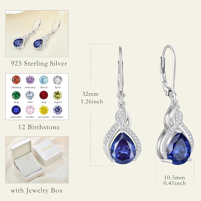 Infinity Teardrop Earrings 925 Sterling Silver Dangle Drop Leverback Earrings Pear Shaped Birthstone Jewelry Gifts for Women LWSARY