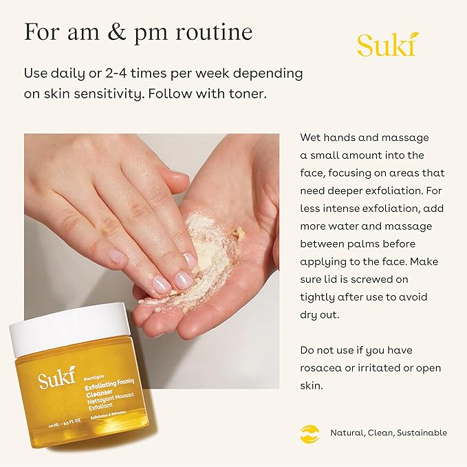 Suki Skincare Exfoliate Foaming Cleanser - With Natural Sugar & Colloidal Oat - Facial Exfoliator & Mechanical Exfoliant that Reduces Dry Skin Buildup While Promoting Radiant, Smooth, Soft Skin - 4 oz Suki