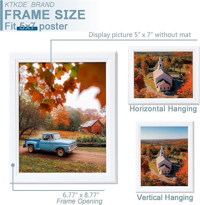 KTKDE 5x7 Picture Frame Set of 3,White Wooded Shatter Resistant Glass, Vertical & Horizontal Wall Hanging for Wall or Tapletop Display,Studio Gallery Photo Frame for Photos, Posters & Art Prints KTKDE
