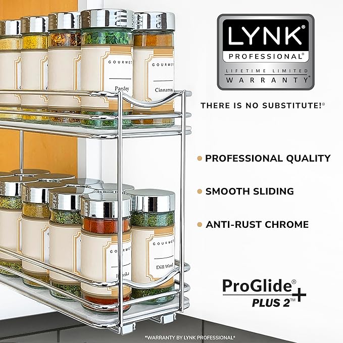 LYNK PROFESSIONAL® Pull Out Spice Rack Organizer for Inside Kitchen Cabinets - 4-3/8 inch Wide - Slide Out Drawer – Chrome Sliding Spice Cabinet Organization Shelf Racks - 2 Tier LYNKPROFESSIONAL
