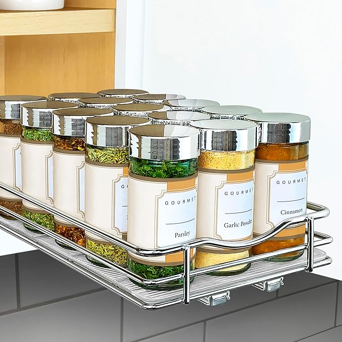LYNK PROFESSIONAL® Pull Out Spice Rack Organizer for Inside Kitchen Cabinets - 6-3/8 inch Wide - Slide Out Drawer – Chrome Sliding Spice Cabinet Organization Shelf Racks - 1 Tier LYNKPROFESSIONAL