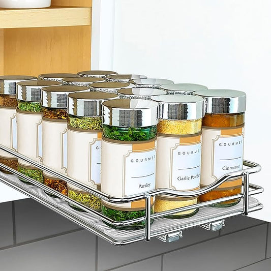 LYNK PROFESSIONAL® Pull Out Spice Rack Organizer for Inside Kitchen Cabinets - 6-3/8 inch Wide - Slide Out Drawer – Chrome Sliding Spice Cabinet Organization Shelf Racks - 1 Tier LYNKPROFESSIONAL