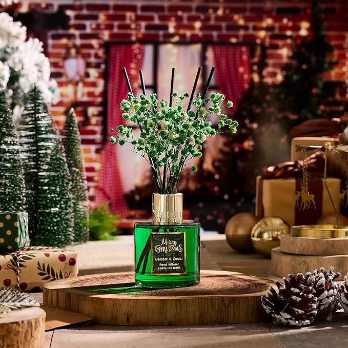 Airkeep Christmas Reed Diffuser Set,3.38 fl oz (100 ml) Reed Diffuser - Balsam&Cedar Oil Diffusers with 8 Reed Sticks, Home Fragrance Reed Diffuser for Bathroom Shelf Decor Airkeep