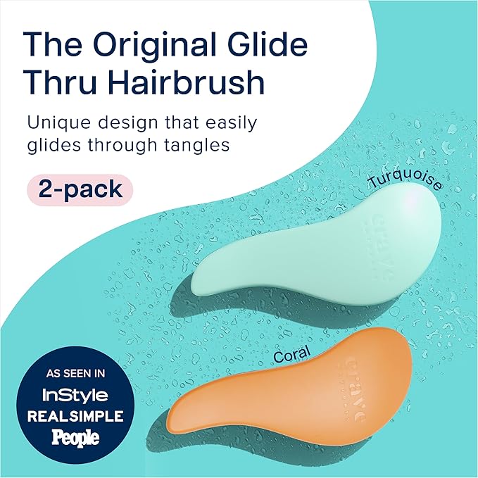 Crave Naturals Glide Thru Hair Brush - 2 Pack Detangler Brush for Curly, Straight, Wet or Dry Hair - Gentle Detangling Brushes for Adults, Kids, Toddlers, 7.5"x3" - Coral and Turquoise CraveNaturalsDetanglingBrush
