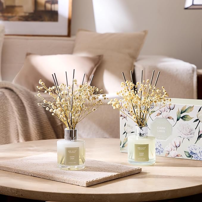 Airkeep Reed Diffuser 3.38 oz (100ml) 2pk, Clean Linen Scented Reed Diffuser Set,Reed Diffuser & Oil Diffuser Sticks, Aromatherapy, Airkeep Reed Diffuser Set Box 2-Clean Linen Airkeep