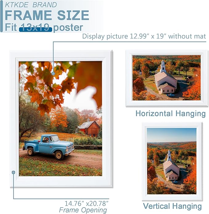 KTKDE 13x19 Picture Frame Set of 3,White Wooded Shatter Resistant Glass, Vertical & Horizontal Wall Hanging for Wall Display,Studio Gallery Photo Frame for Photos, Posters & Art Prints KTKDE
