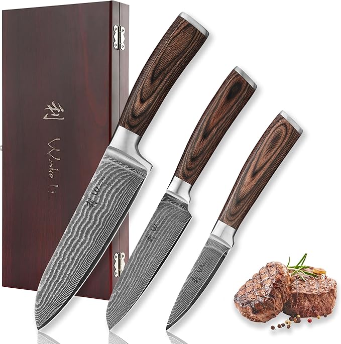 Wakoli EDIB 3-Piece Damascus Kitchen Knife Set in Wooden Gift Box – Sharp Knives Set made of Genuine Damascus Steel (VG10 Core) – Santoku, Small Santoku & Paring Knife – Ergonomic Pakkawood Handles Wakoli