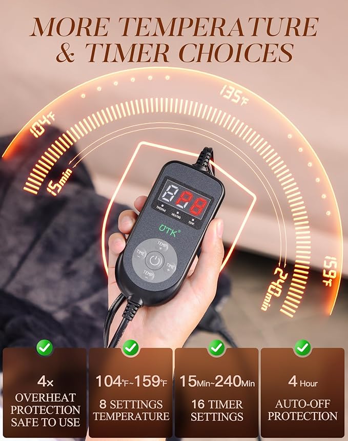 UTK 30s Fast Heating Pad for Neck Shoulder and Back, 6X Deeper Pain Relief Weighted Far Infrared Heating Pads, 8 Heat Options Max 159℉, 16 Auto Timer, 24"x20" Extra Large, Gifts for Women, Men (Grey) UTK