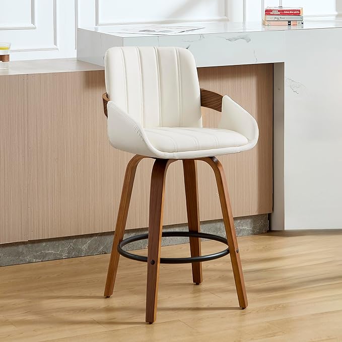 Bar Stools, 26" Counter Height Swivel Stools with Back, Walnut Wood Frame, PU Leather, Built-in Footrest, Modern Kitchen Island Chairs – Easy Assembly & Sturdy Design - White VipDesk