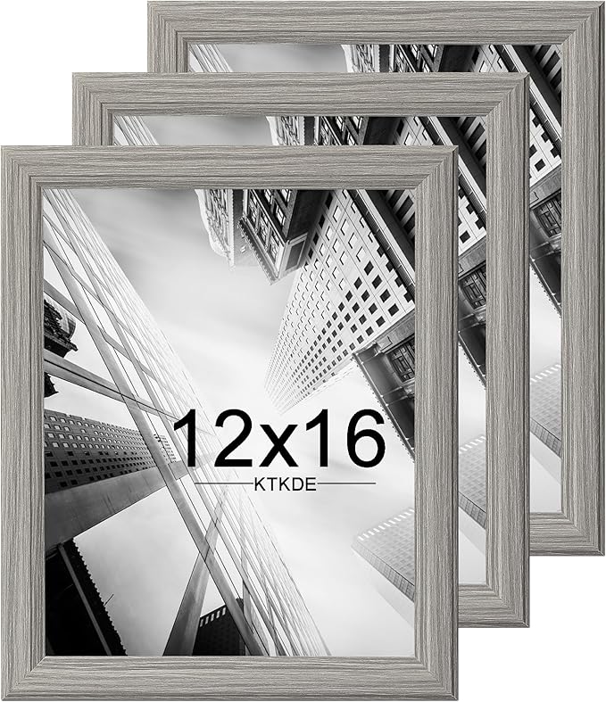 KTKDE 12x16 Picture Frame Set of 3,Grey Wooded Shatter Resistant Glass, Vertical & Horizontal Wall Hanging for Wall Display,Studio Gallery Photo Frame for Photos, Posters & Art Prints KTKDE