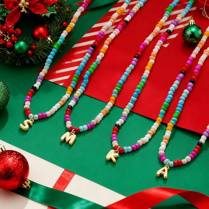 Christmas Gifts for Grandkids Teens Girls - Bubble Colorful Initial Necklaces for Women Teen Girl Trendy Stuff Beaded Initial Necklace Birthday Gifts Stocking Stuffers for Teen Girls Women Maxcate