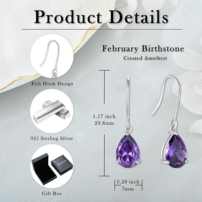 925 Sterling Silver 7x10MM Teardrop Birthstone Earrings, Solitaire Dangle Fish Hook Earrings for Women, Prom Jewelry Gifts RaymardJewelry